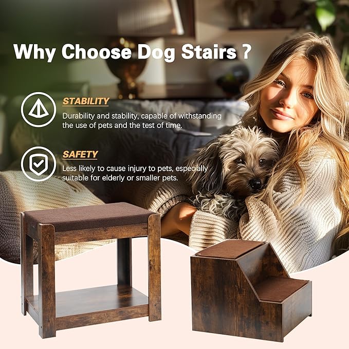 Pet Bunk Bed Pet Step Window Perch with Removable Step for Dogs and Cats, Bedside Lounge Elevated Dog Bed Multi-Level Seat Platform with Cushion and Non-Slip Pad (Vintage, 44.5" Lx19.7 Wx25.6 H)
