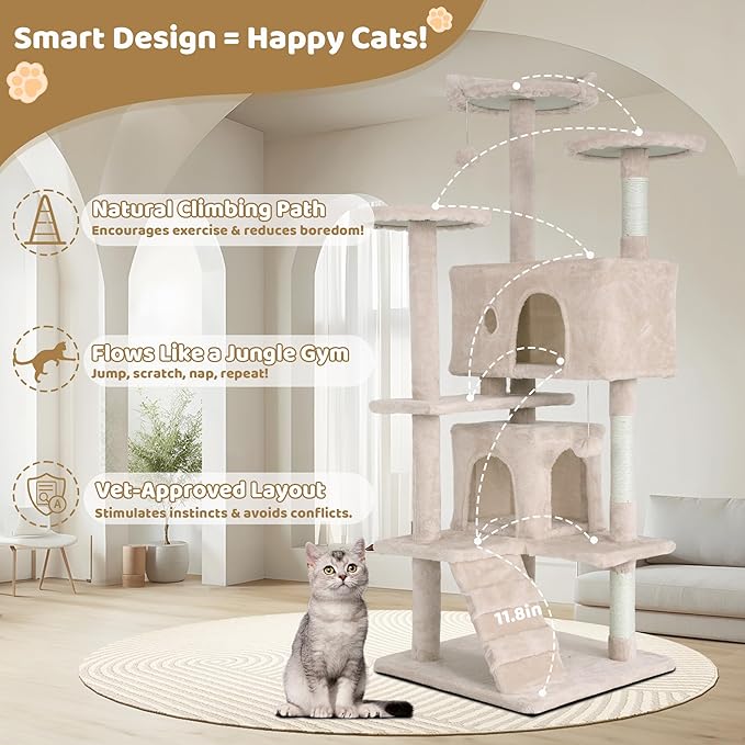 54" Cat Tree for Indoor Cats - Multi-Level Cat Tower with Scratching Posts, Jumping Platforms, Spacious Condo, Cat Bed Cave & Hidden Spaces - Durable Cat Furniture - Beige