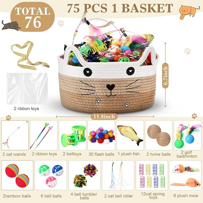 Zopeal 76 Pcs Graduation Cat Storage Basket Gift Toys Set Interactive Cat Toys Kitten Wand Colorful Flashing Balls Pet Crinkle Balls Attract Kitten to Swat, Hunt for Pet Indoor(Khaki)