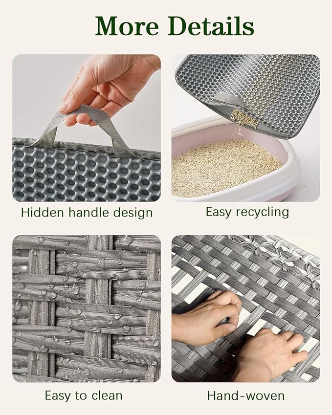 SETVSON Cat Litter Box Enclosure Furniture, Handwoven Rattan Hidden Litter Box with Mat, Large Space Cat House with 2 S-Shaped Hooks 30.3 x 18.3 x 24.4 Inches, Indoor for Living Room Apartment Gray