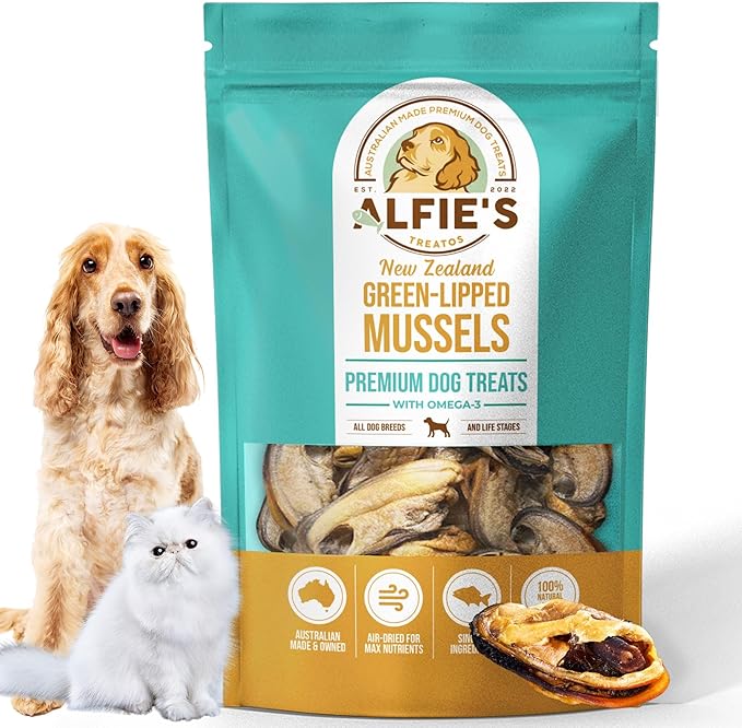 ALFIE'S TREATOS Green Lipped Mussels for Dogs & Cats (2.65 oz), Natural Hip & Joint Support Treat & Supplement, 100% NZ Mussels, Omega-3 Rich, Freeze-Dried Alternative