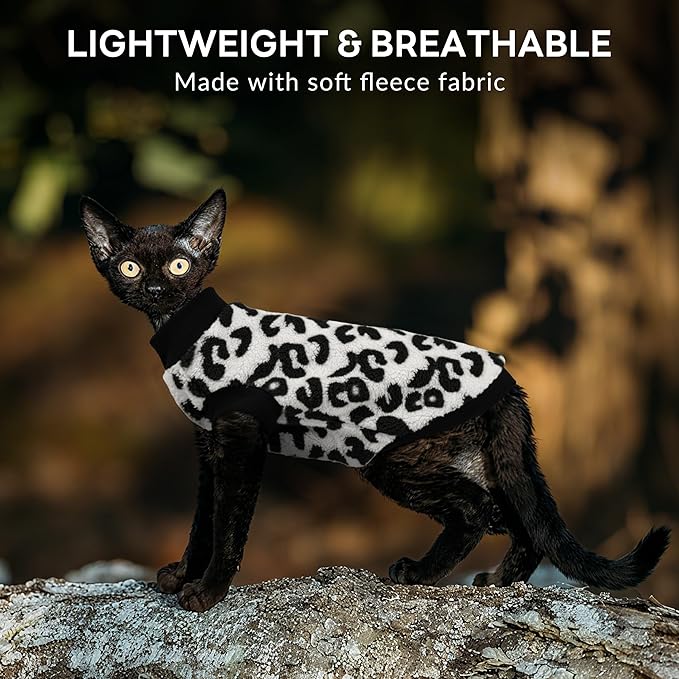 PUMYPOREITY Winter Warm Cat Sweater - Super Soft & Elastic Knit with Plush Fleece, Easy-On Design with Ribbed Neck & Cuffs, Stretchy Cat Outfit for Indoor/Outdoor Use,Black Leopard, L