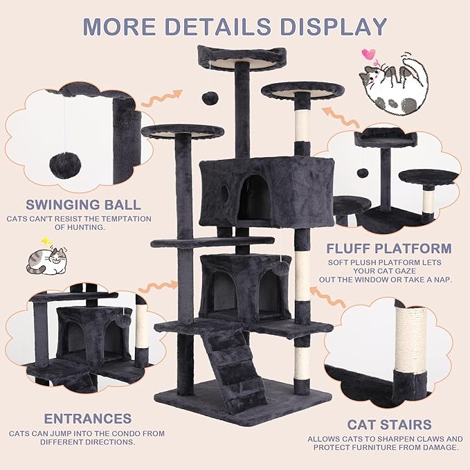 54 Inch Tall Cat Tree Tower - Multi-Level Cat Condo with Scratching Post, Toys & Rest Area, Light Grey