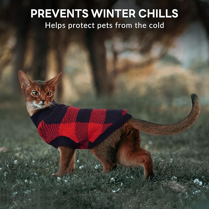 PUMYPOREITY Christmas Sweater for Cats, Cozy Fleece Cat Shirt - Stretchy & Warm, Super Soft Kitten Sweater, Machine Washable Pet Clothing for Comfort & Style, Red, XS