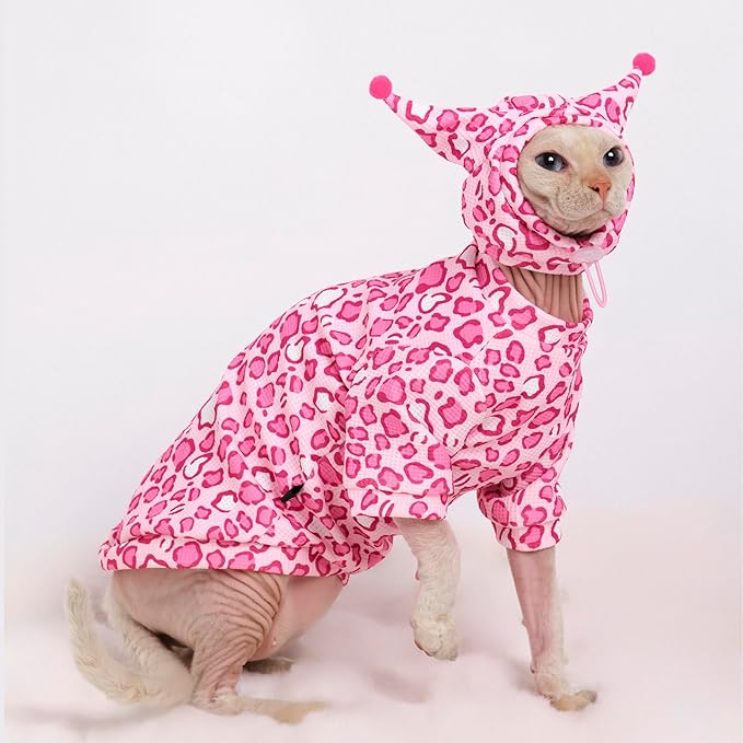 Sphynx Cat Clothes, Cat Suit with Hat and Sweatshirt, Full Set for Hairless Cats, Cornish Rex and Devon Rex (Pink Suit, L(6.5-8lbs))