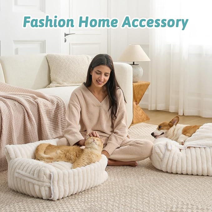 COZY KISS Cute Cat Bed with Removable Cover, Multifunctional Plush Faux Fur Pet Couch Bed with Blanket, Ultra-Soft Pet Furniture for Cats & Small Dogs (Cream, S: 25''x18'')