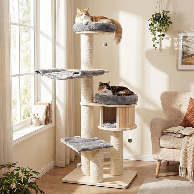 Tangkula Modern Cat Tree, Multi-Level Large Cat Tower with Condo, Hammocks & Hanging Basket, Tall Cat Tree with Sisal Posts, Washable Cushions, Wood Cat Trees and Towers for Indoor Large Cats