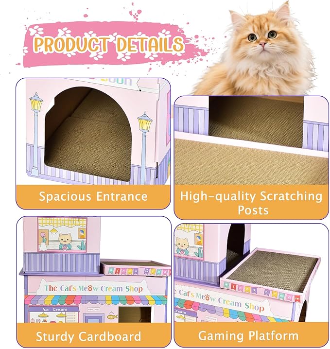 Cardboard Cat House for Indoor Cats, Double Layer Cat Scratcher House for Large Kitty Rabbit Bunny, Scratch & Sleep 2 in 1 Design, Durable & Easy to Assemble Scratching Bed (Ice Cream Shop)