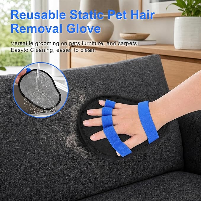 Upgraded Five-Finger Electrostatic Pet Hair Removal Gloves, Reusable Cat & Dog Hair Remover for Couch, Furniture, Carpet, Car Seat, Clothing - Magic Brush Pet Grooming Glove (Blue)