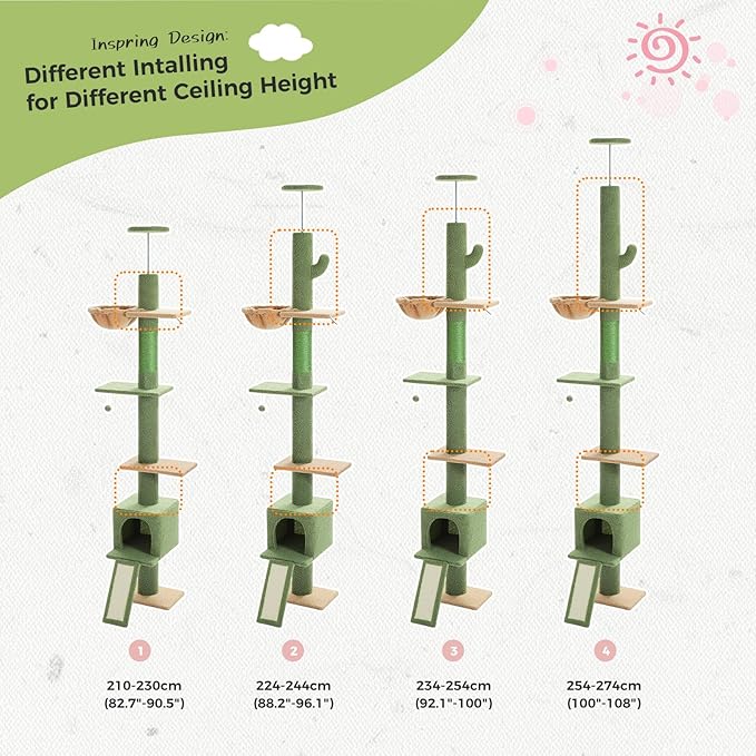 PETEPELA Floor to Ceiling Cat Tree, Cat Tower 5 Tiers Tall (83-108 Inches) Adjustable Height, Cat Climbing Tree Featuring with Condo, Scratching Post and Perches for Indoor Cats, Green