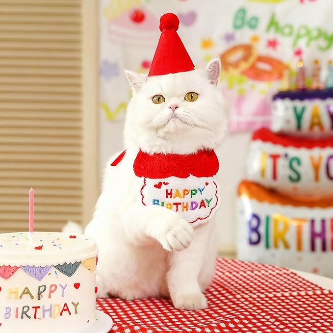 Reusable Cat Birthday Decorations Set - Adjustable Cat Birthday Hat & Bandana with Age Numbers | Kitty Celebration Kit for Memorable Milestones（Red）