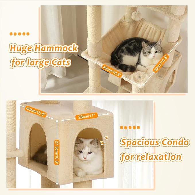 Floor to Ceiling Cat Tree Corner Cat Tower with Adjustable Height 88.9-109 inches (226-279cm) with Large Hammocks,Condo,Multi Platforms and Scratching Post for Indoor Cats-Beige Dual Posts