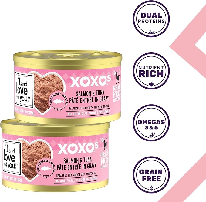 I AND LOVE AND YOU XOXOs Wet Cat Food - Salmon + Tuna Pâté - Grain Free, Filler Free, 3oz Pack of 24 Cans
