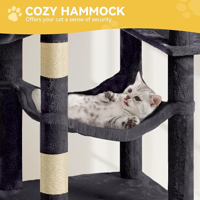 DWVO 64.5 Inch Tall Cat Tree, Multi-Tier Cat Condo with Hammock, Scratching Posts & Play Balls for 2-3 Cats (Dark Gray)