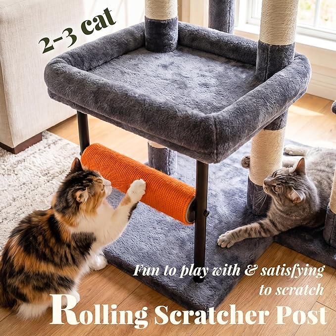 Hey-brother Cat Tree, 68.5 inch Cat Tower with L-Shaped Extended Base, Multi-Level Plush Furniture with 2 Spacious Candos, 2 Platforms, 11 Scratching Posts, Hammock and Toy Ball, Smoky Gray MPJ086G