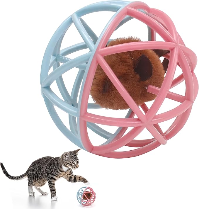 Squeaky Mouse Ball Cat Toy with Simulated Sound, Mouse Ball Cage, Squeky Balls for Cats to Play with Indoor, Plastic Squeak Interactive Funny Toys Best for Playing Chewing Training Chasing (Pink-Blue)