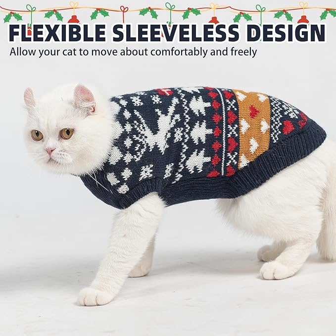 PUPTECK Christmas Cat Sweater, Soft Warm Turtleneck Pet Winter Clothes, Kitten Sweater Apparel, Knitwear Coat for Cats Puppy Outfit Cold Weather Clothes, Navy Blue L