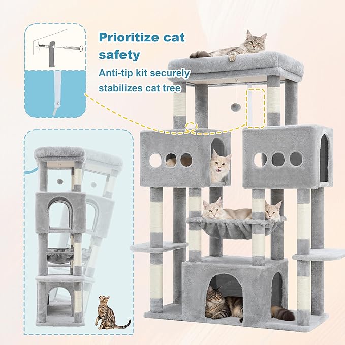 Hey-brother Cat Tree Tower, Large Sisal Scratching Posts with Big Platform, 3 Spacious Condos, Plush Hammock, Toy, 57.5 Inches Multi-Level Furniture for Indoor Adults Maine Coon, Light Gray MPJ083W