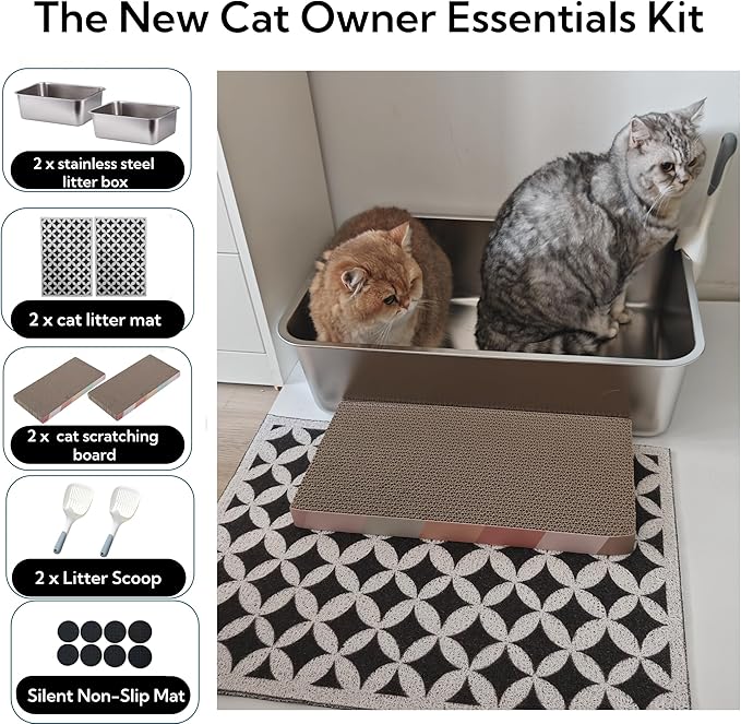 2 pack Stainless Steel Cat Litter Box with High Sides - Metal Cat Pan, Large Indoor Litter Tray, Never Absorbs Odor, Pet Toilet Supplies Smooth Surface for Kitten, Kitty, Rabbit 19.7"x13.8"x6"