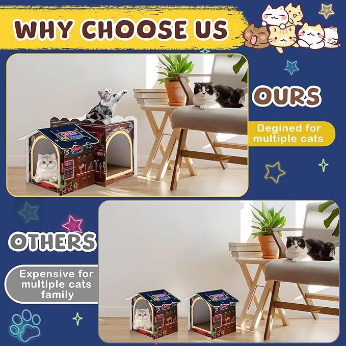 Lineshading 2 Story Cardboard Cat House with Scratcher Pad, Multi Level Durable Cat Scratcher House for Small Kitten Bunny Rabbit Animals Christmas Birthday Gift(17x12x10,Bar)