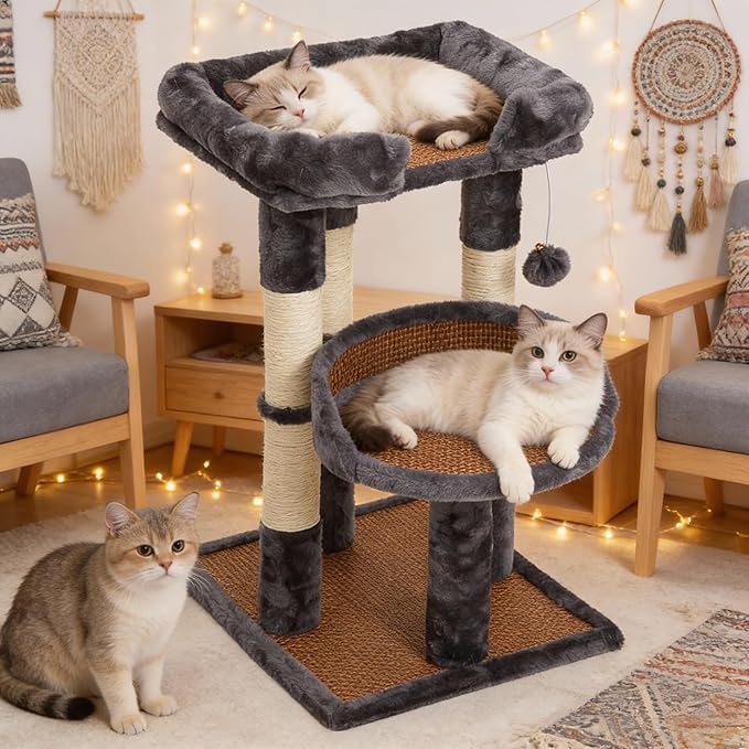 Multi-Level Cat Tower with Scratching Posts, Cat Tree with Double Cat Bed & Hanging Toys, Cute Climbing Tower with Sisal Scratcher for Kittens & Adult Cats, Grey