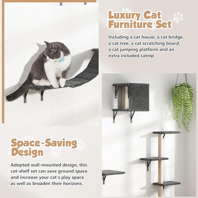 Wall Mounted Cat Furniture Set - 5 Piece Cat Shelves with Tree, Perch, Scratcher, Bridge & Condo - Gray