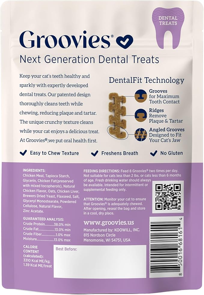 Groovies Cat Daily Dental Treats. Tasty, Crunchy Bites Cats Love. Chicken Flavor. Powered by USA-Patented DentalFit Technology. No Added Gluten, No Artificial Flavors or Colors. 7.05oz (460 Treats)