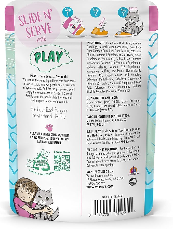 Weruva B.F.F. Play - Best Feline Friend Paté Lovers, Aw Yeah!, Duck & Tuna Tap Dance with Duck & Tuna, 3oz Pouch (Pack of 12)