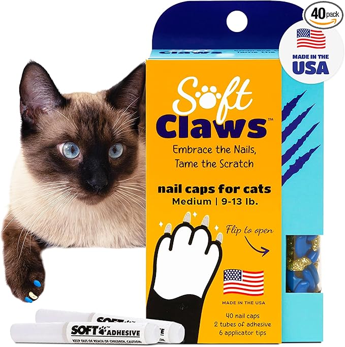 Soft Claws Cat Nail Caps for Medium Cats – (40 Caps, Blue & Gold) - Made in USA - Veterinarian-Developed | Protects Furniture & Skin - Easy to Apply, Long-Lasting Anti-Scratch Soft Cat Claw Covers