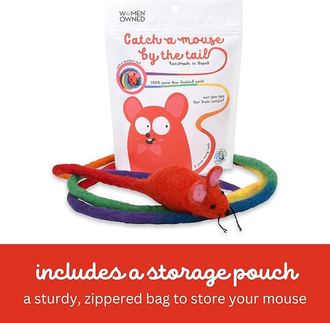 Catch a Mouse Wool Cat Toy with a 6-Ft Tail for Indoor Cats & Kittens. Cute Toy Mouse, Rat Plush Toy, Fake Mice. No Catnip. Pride (Rainbow)