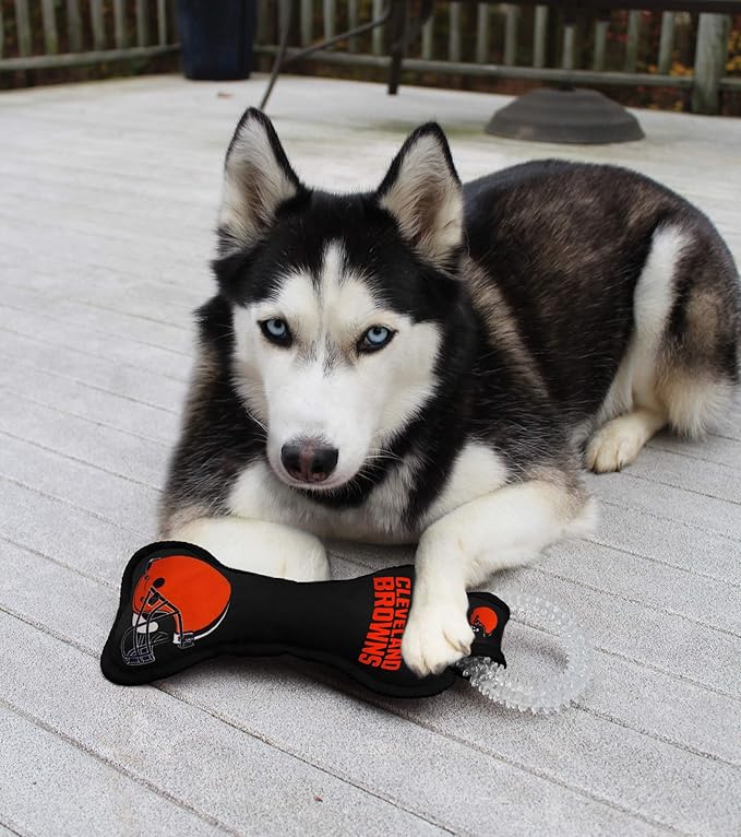 Pets First NFL Cleveland Browns Football Dental Tough Dog TUG Bone Toy with Built-in Squeaker Attached to a Safe Rubber Teething Toothbrush PET Toy, Team Color, 14 x 5 (CLE-3310)