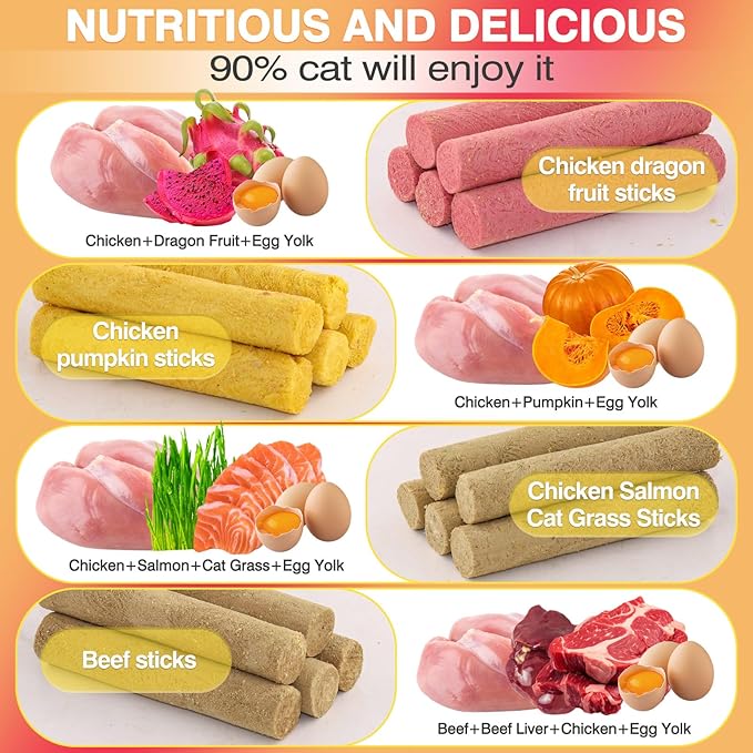 4 Flavors/110g Cat Grass Chew Sticks,Dental Health&Hairball Control for Cats,Dehydrated Cat Treats,Also for Dogs(Beef,Salmon&Cat Grass,Chicken&Pumpkin,Dragon Fruit&Chicken (95g)