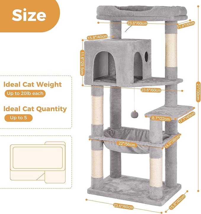 54" Cat Tree with Big Hammock 21x17” XL Cat Tower with Scratching Posts Featuring Large Top Bed, Scratcher Pad, Spacious Condo House and Detectable Ball for Indoor Cats-Large Gray