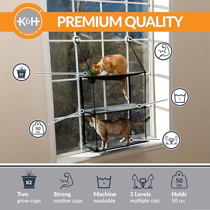 K&H Pet Products EZ Mount Window Kitty Sill Cat Perch with Cat Grass Grow Station Triple Stack Gray 23 X 12 Inches
