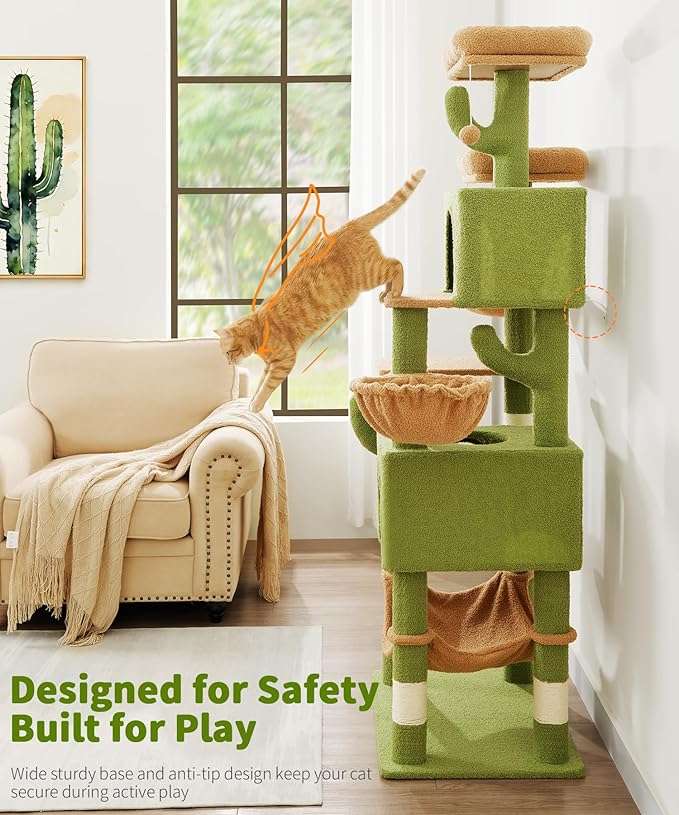 AMHANCIBLE Cactus Cat Tree, 70 Inch Tall Cat Tower for Indoor Cats, Multi-Level Cat Tree with Scratching Post, Hammock, Hanging Basket, Large Cat Condos for Adult Cats Kittens, Green, PT18GR