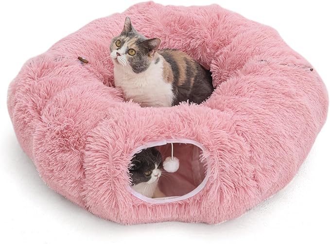 Plush Cat Tunnel Bed for Indoor Cats with Soft Cushion, Multi-Shape Play Cave with Hanging Balls, Large and Foldable Cat Donut Tunnel for Small and Large Pets (Pink)