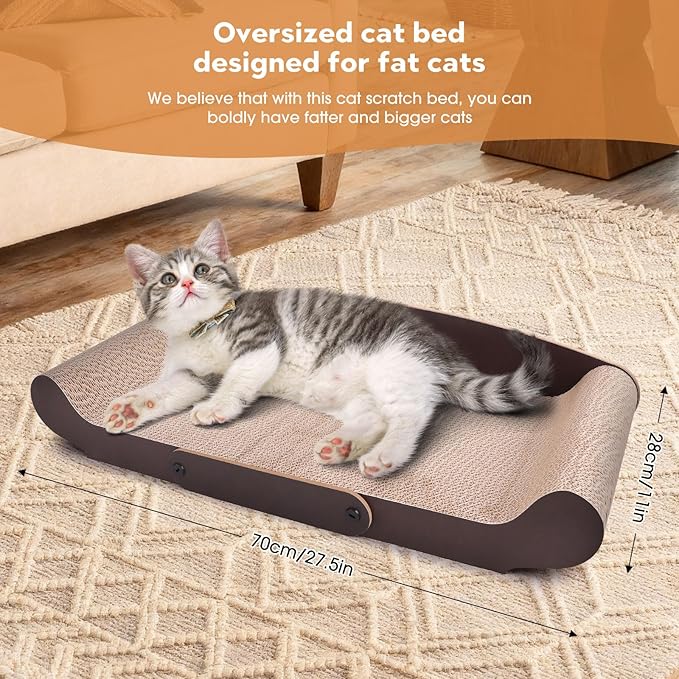 27.6'' Cardboard Cat Scratcher Bed - Extra Large Scratching Couch for Indoor Cats - Lounger Scratch Box with Cat Teaser Wand Toy and Catnip
