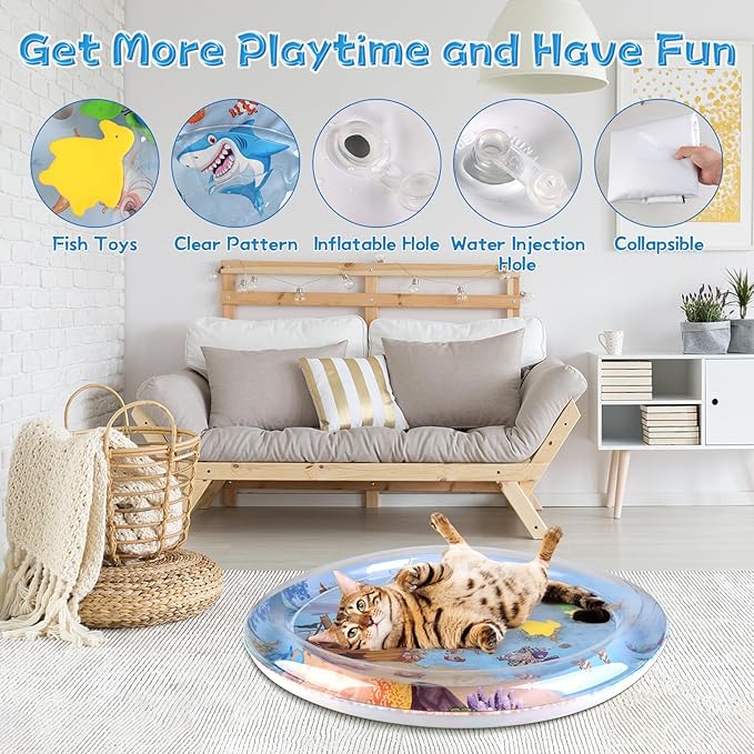 Cat Water Sensory Play Mat with Extra Protective Cover, Anti-Scratch Design Pet Water Mat for Bored Indoor Cats