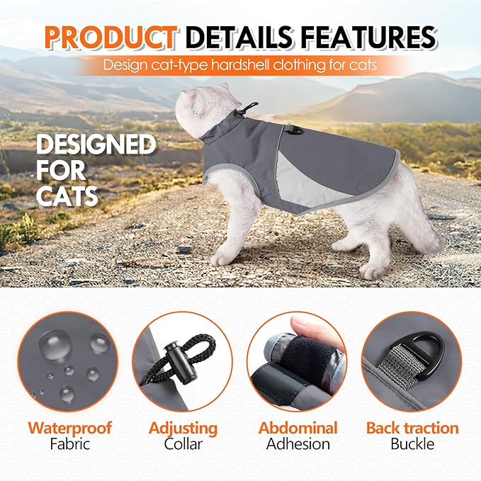 ETIAL Reflective Cat Winter Jacket, Adjustable Cold Weather Cat Clothes Outfit Apparel with Traction Buckle, Windproof Waterproof Warm Cat Vest for Walking Hiking (Grey,M)
