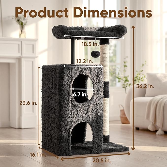 FUKUMARU Cat Tree, 36.2in Luxury Plush Cat Tower with Two Caves, Multi-Level Cat Condo with Sisal Scratching Post, Adult Cat Tree Towers for Indoor Cats with Top Perch, Medium Heavy Duty Kitten House