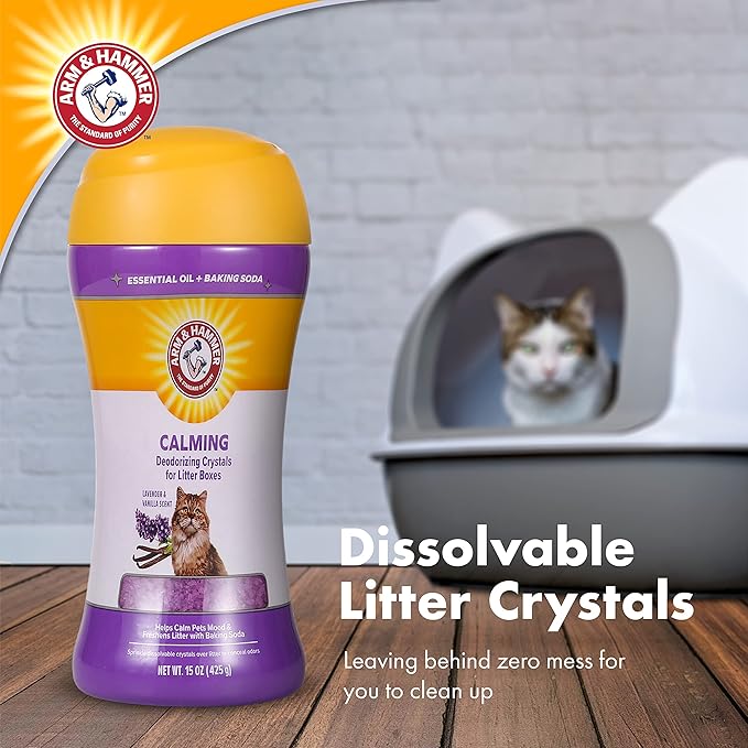 Arm & Hammer Cat Litter Deodorizing Crystals with Baking Soda, Odor Neutralizer, Dissolving Litter Box Deodorizer for Cat Litter Odor Control, Lavender and Vanilla Scent, 15 Oz - 2 Pack