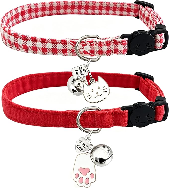 2 Pack Cotton Breakaway Cat Collars with Bell and Charms Red Solid Plaid Safety Collars for Girl Boy Cats, Cat Head and Paw Pendant Cute Kitten Collars