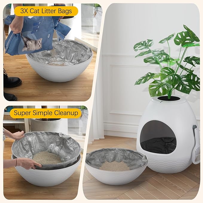 Eggloa6 Extra Large Hidden Litter Box with Plant Décor – Premium Litter Box Furniture with Smart Odor Control, 3PCS Cat Litter Box Liners for Ultimate Comfort and Cleanliness (White)