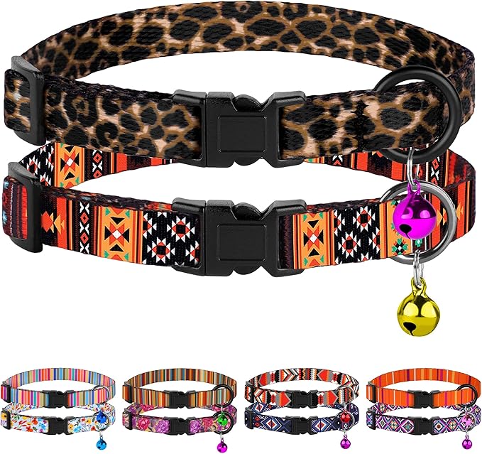 2 Pack Cat Collars with Bell - Breakaway Soft Collar for Girl & Boy Cats, Adjustable Safety Cute Kitten Collars – Comfortable Stylish Patterned Print Design Lightweight (Tribal + Leopard)