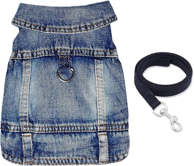 Dog Jean Jacket Pet Blue Denim Coat for Puppy Small Dogs Fashion Classic Overalls Girl Male Boy Cat Costumes Vintage Washed Vest Clothes Outfit Shirts (Blue, Large)