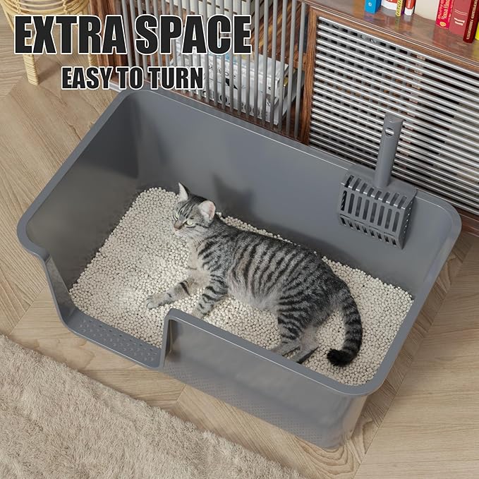 Open Cat Litter Box, Large Standard Litter Box, Kitten Litter Potty Pan for Small & Large Cats, Easy to Clean, Low Entry, 4 Units, Grey