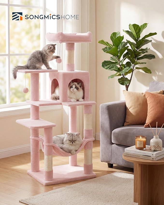 SONGMICS HOME Cat Tree for Indoor Cats, Multi-Level Cat Tower with Sisal Scratching Posts, Hammock and Condo, Pink