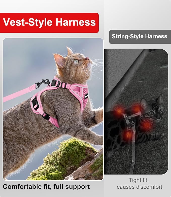 Cat Harness and Leash for Walking Escape Proof Soft Adjustable Cat Leash Breathable Comfortable Vest Easy to Wear Kitten Harness for Outdoor Travel (Pink, XS (4-6lb))
