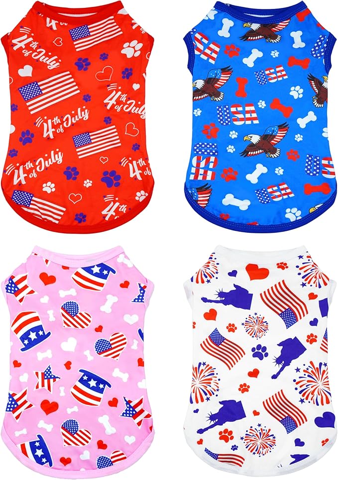 PET SHOW 4 Pack 4th of July Dog Clothes for Medium Large Dogs Patriotic Shirts Stripes Stars Vest American Flag T-Shirts for Independence Day Holiday Party Pets Tank Top Boy Girl(Large)