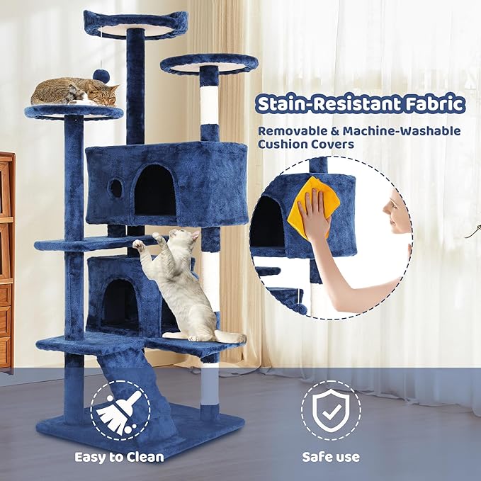 54" Cat Tree for Indoor Cats - Multi-Level Cat Tree Tower with Cat Scratching Post, Perches, Plush Toys & Cozy Hideaways - Cat Tower Makes Perfect Pet Gift - Navy Blue
